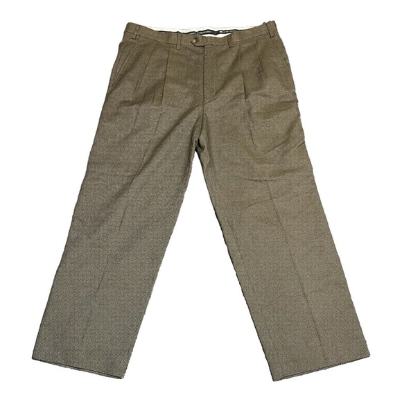 Hickey Freeman Pleated Tweed Dress Pant Men’s Tan Cotton Wool Blend Trousers W38 - Picture 1 of 8